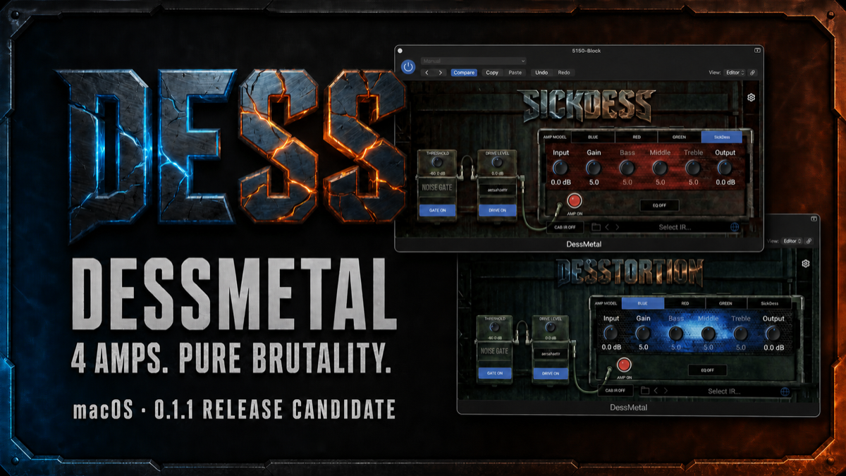 DessMetal campaign poster reading 4 amps, pure brutality, with SickDess and DessTortion Blue shown in Logic Pro